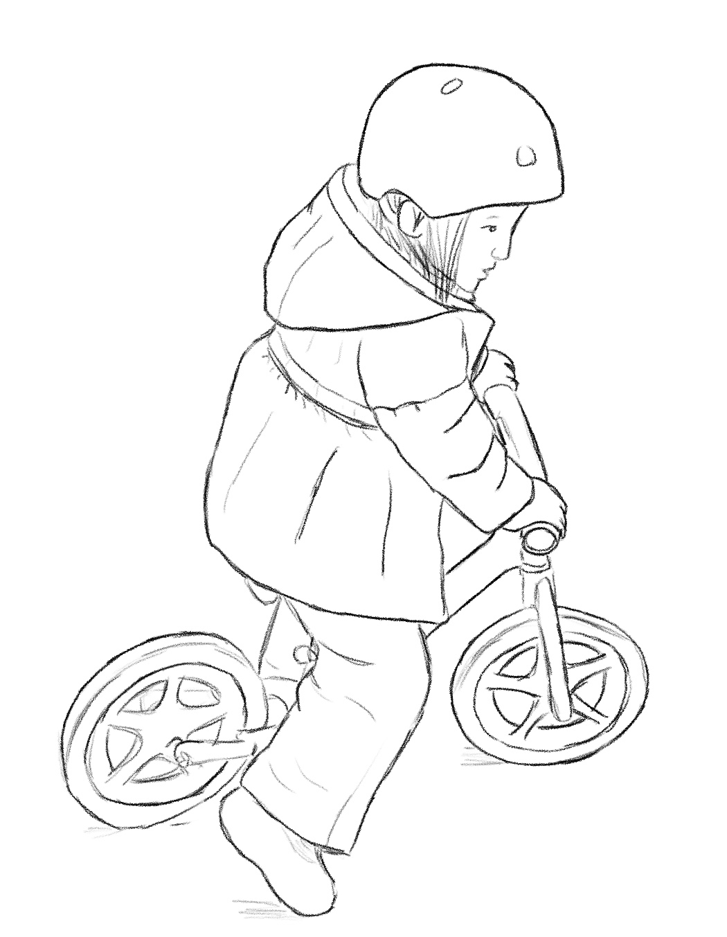 Sketch of A+ on her balance bike 2025-06-10 balance bike.jpg