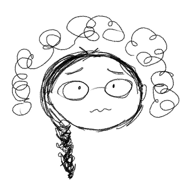 sketch of an anxious face with lots of tangled thought bubbles around it 2025-06-10 catastrophizing.jpg
